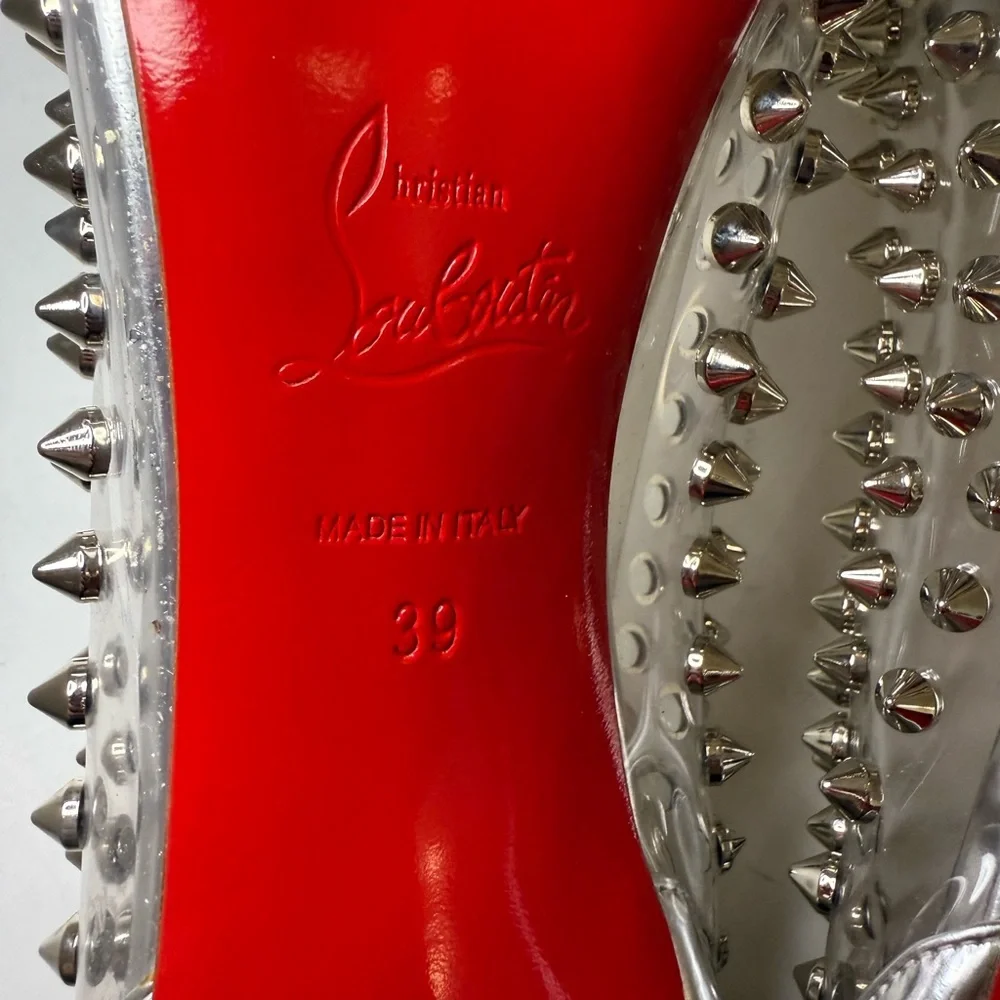 Christian Louboutin Metallic Silver Gloss Clear PVC Spike Me 100 Pumps Size 39